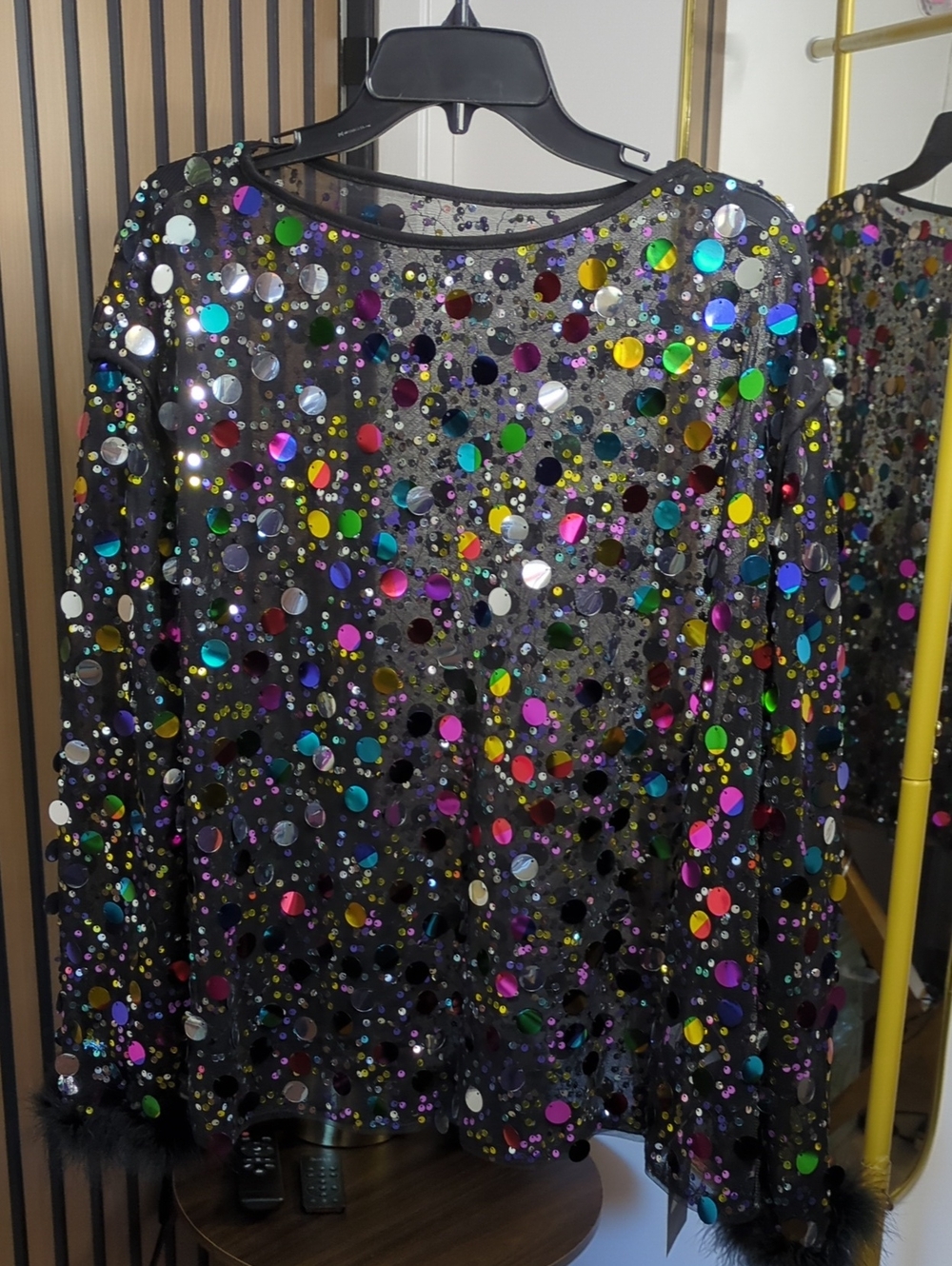 Xpluswear Design Plus Size Party Blouse Black Round Neck Disco Sequin Feather